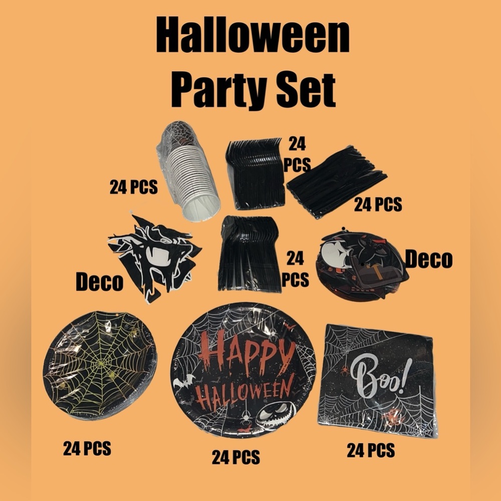 Halloween 175+ pc Party Set, 24 Ea Cups, Plates, Dessert Plates, Napkins ETC NWT